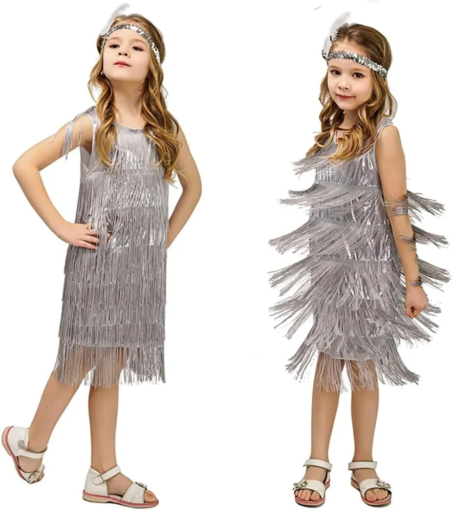 20s Flapper Dresses for Girls Salsa Latin Dance Dress 1920s Gatsby Tassel Fringe Flapper Dress   Feather Headband Dancewear