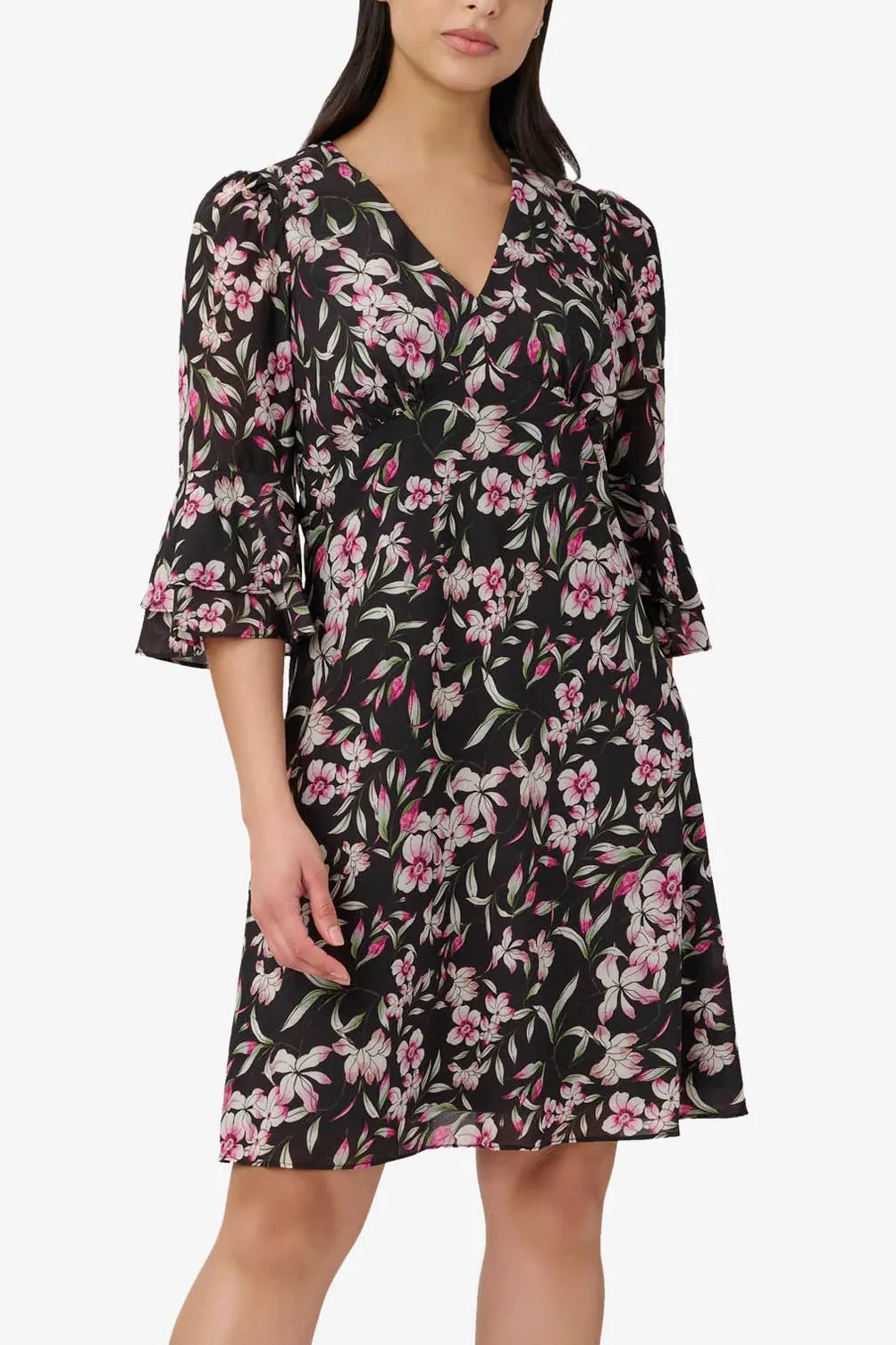 Adrianna Papell V- Neck Back Zipper 3/4 Bell Sleeves Short Chiffon Dress