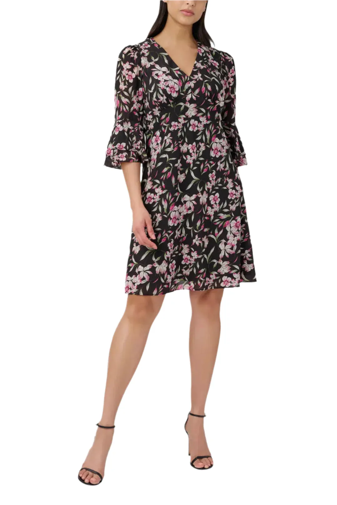Adrianna Papell V- Neck Back Zipper 3/4 Bell Sleeves Short Chiffon Dress