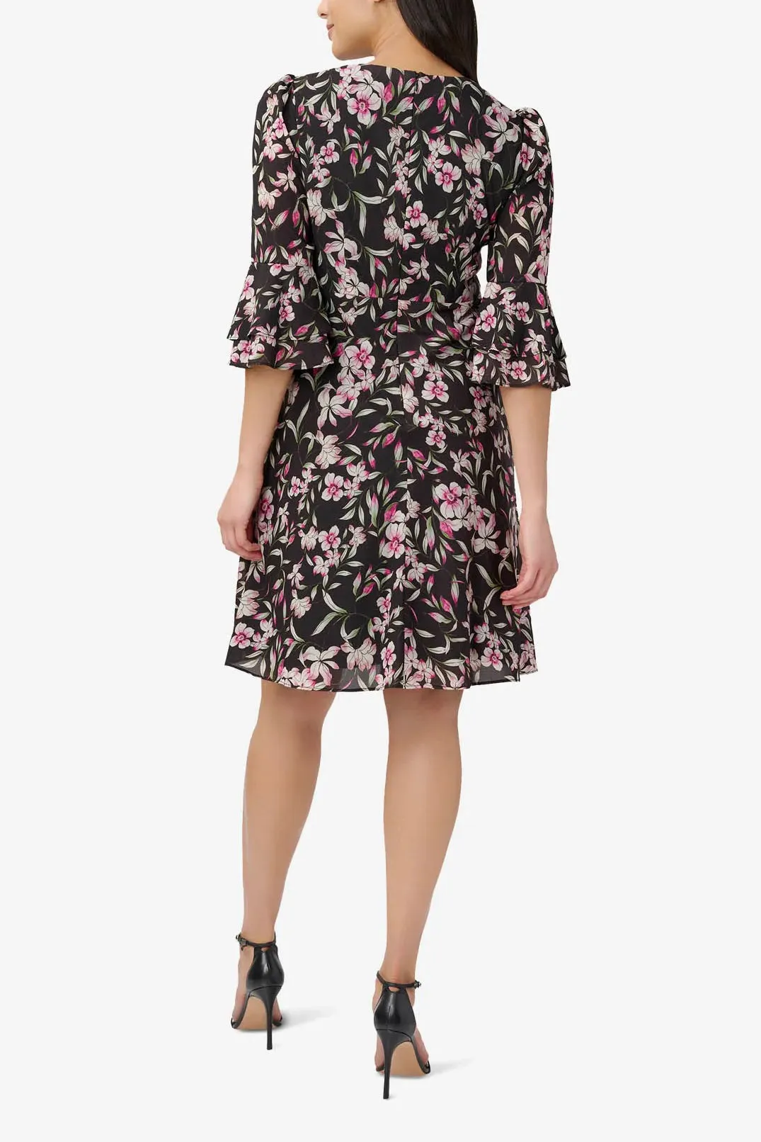 Adrianna Papell V- Neck Back Zipper 3/4 Bell Sleeves Short Chiffon Dress