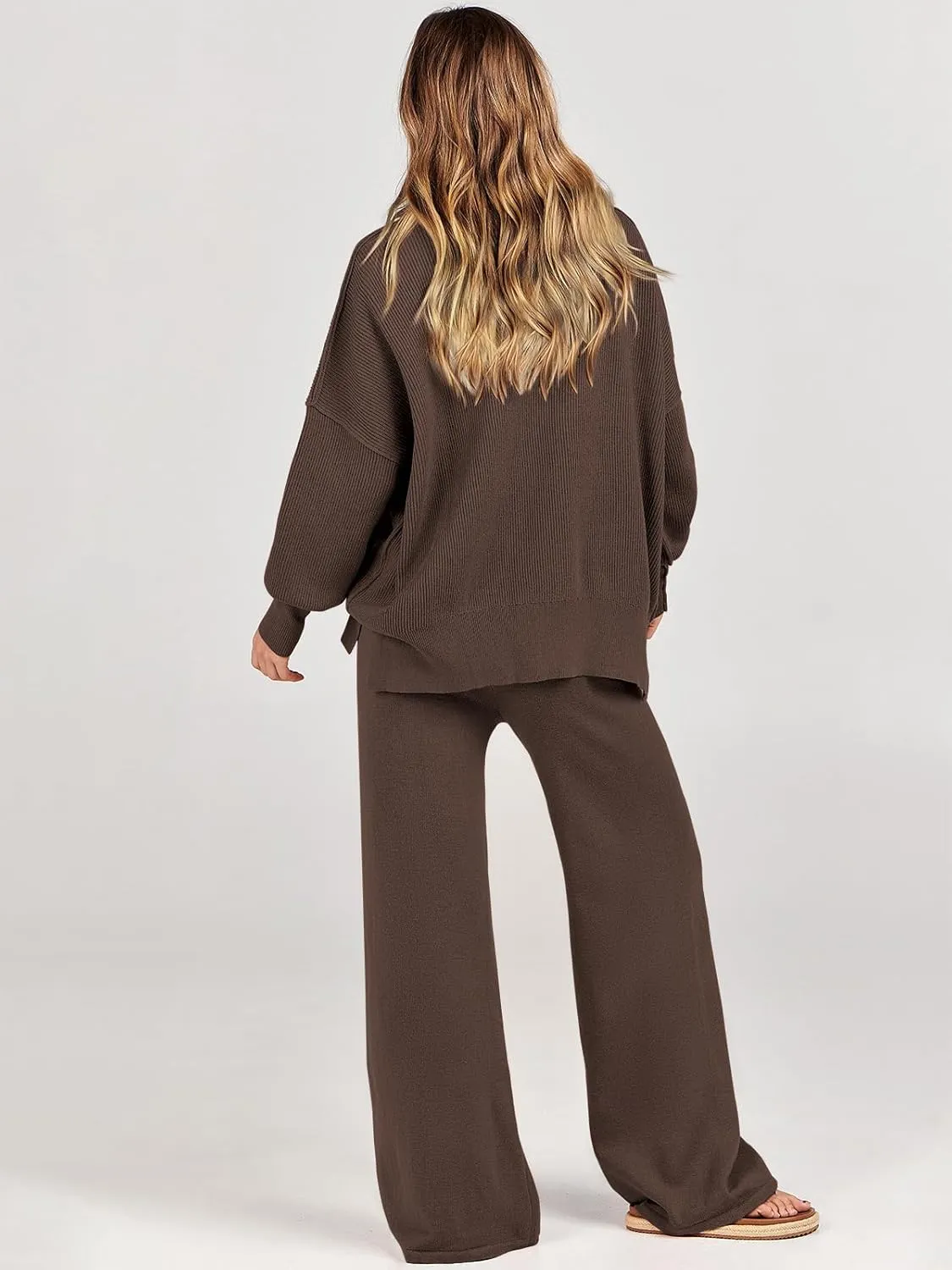 ANRABESS Women 2 Piece Outfits Oversized Chunky Knit Sweater Top Wide Leg Pants 2025 Fall Lounge Set Trendy Cozy Clothes