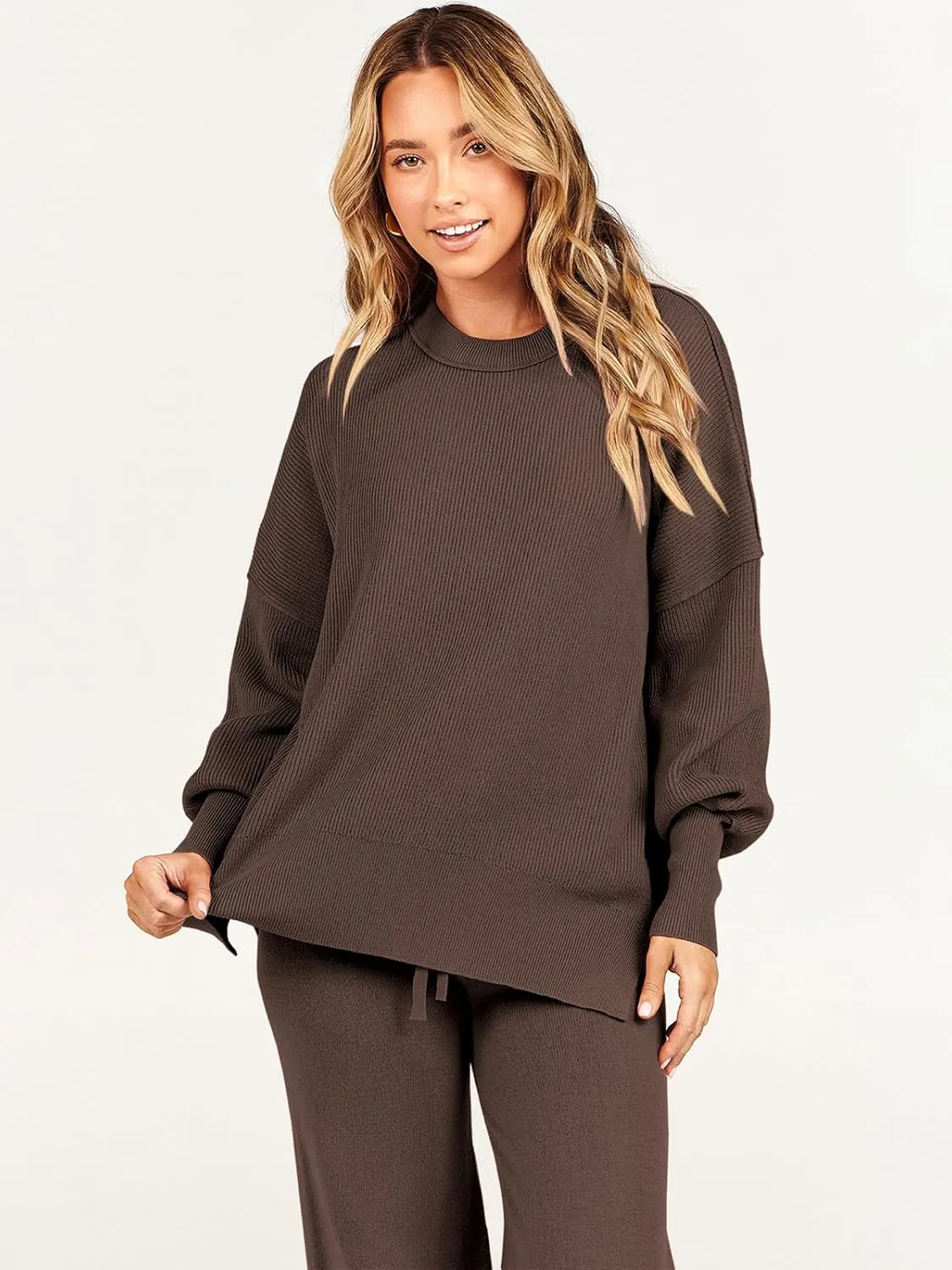 ANRABESS Women 2 Piece Outfits Oversized Chunky Knit Sweater Top Wide Leg Pants 2025 Fall Lounge Set Trendy Cozy Clothes