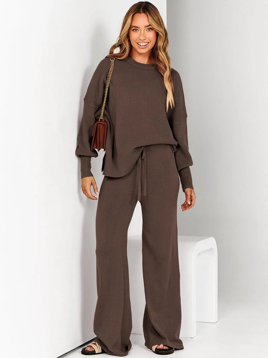 ANRABESS Women 2 Piece Outfits Oversized Chunky Knit Sweater Top Wide Leg Pants 2025 Fall Lounge Set Trendy Cozy Clothes
