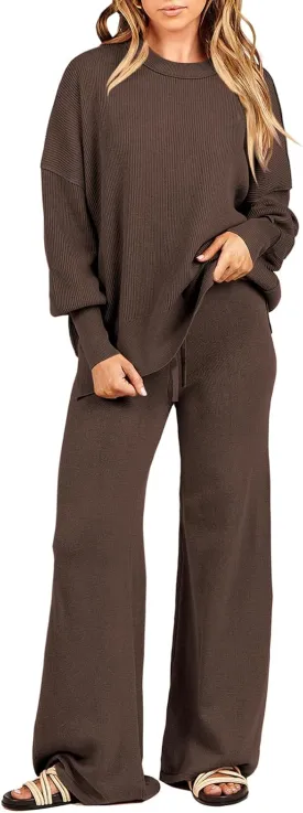 ANRABESS Women 2 Piece Outfits Oversized Chunky Knit Sweater Top Wide Leg Pants 2025 Fall Lounge Set Trendy Cozy Clothes