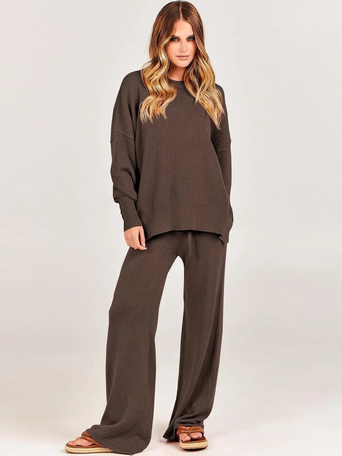 ANRABESS Women 2 Piece Outfits Oversized Chunky Knit Sweater Top Wide Leg Pants 2025 Fall Lounge Set Trendy Cozy Clothes