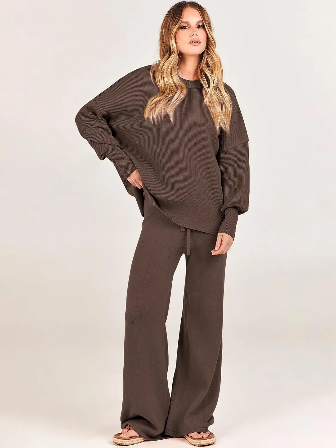 ANRABESS Women 2 Piece Outfits Oversized Chunky Knit Sweater Top Wide Leg Pants 2025 Fall Lounge Set Trendy Cozy Clothes