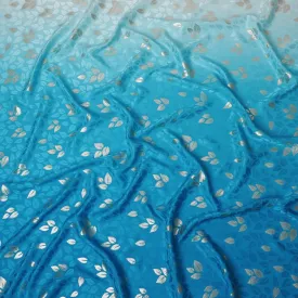 Azure Foliage Silk Satin Fabric - Elegant Leaf Print, 140cm Wide - from South Korea-D18330