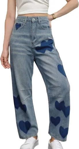 Baggy Jeans for Women Teen Girls High Waist Straight Ankle Leg Heart Print Y2K Boyfriend Jeans Trendy Loose 90s Mom Jeans