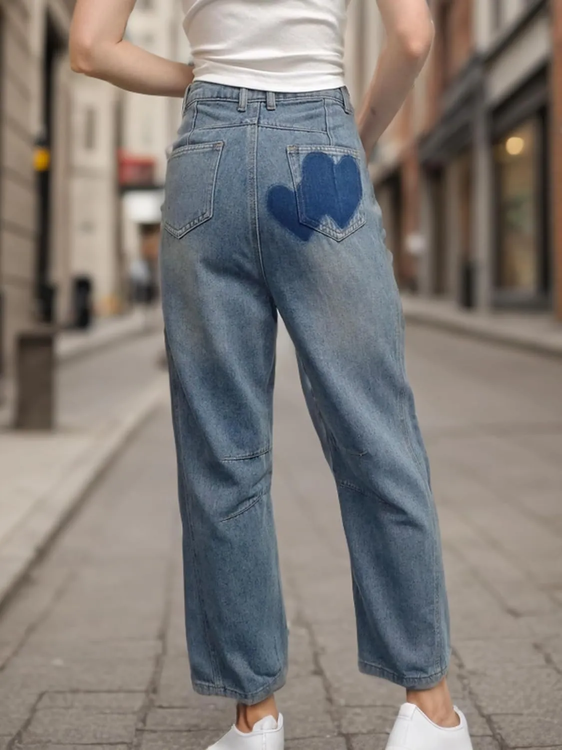 Baggy Jeans for Women Teen Girls High Waist Straight Ankle Leg Heart Print Y2K Boyfriend Jeans Trendy Loose 90s Mom Jeans