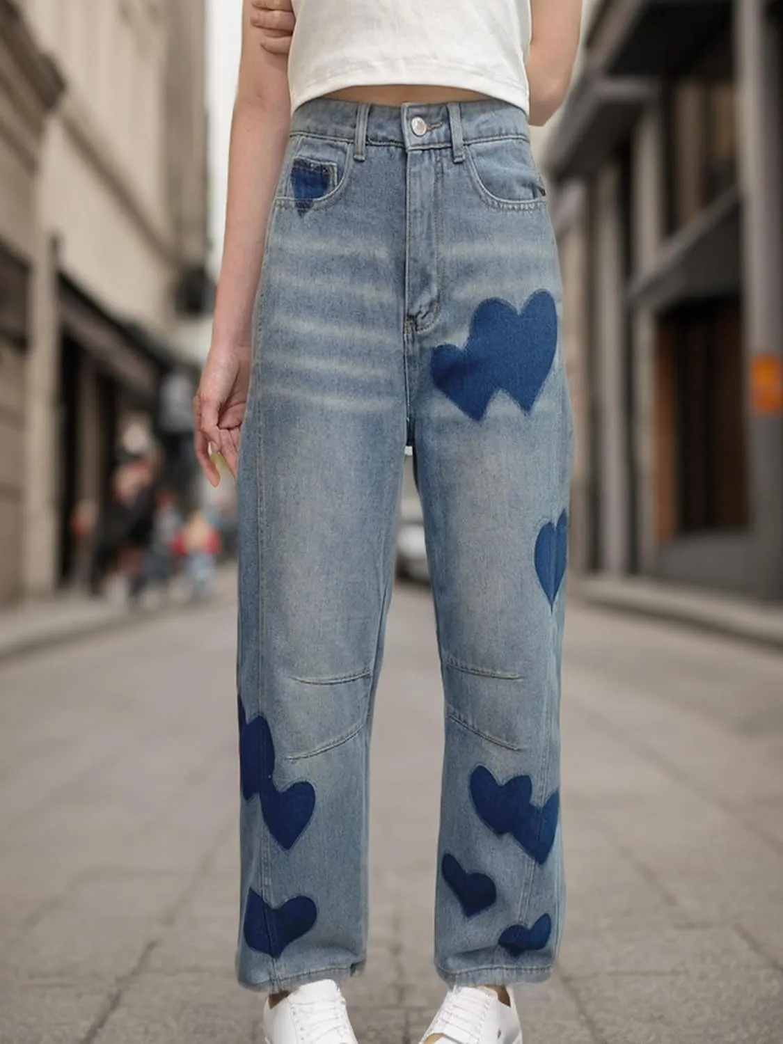 Baggy Jeans for Women Teen Girls High Waist Straight Ankle Leg Heart Print Y2K Boyfriend Jeans Trendy Loose 90s Mom Jeans
