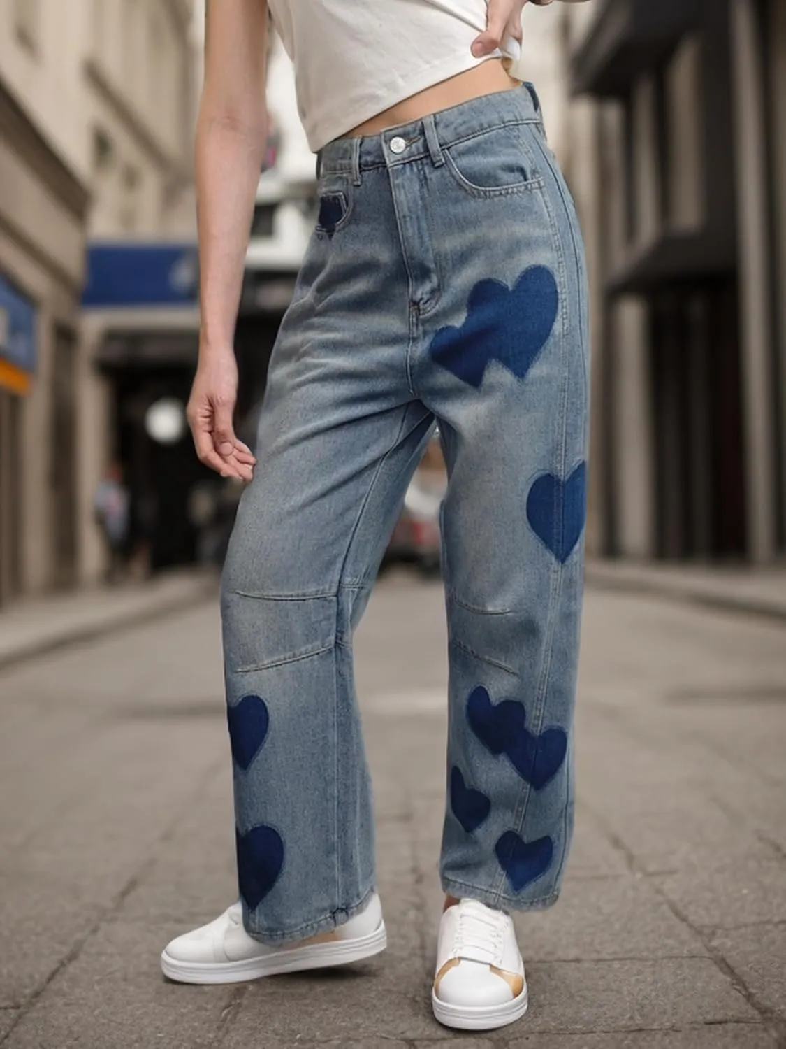 Baggy Jeans for Women Teen Girls High Waist Straight Ankle Leg Heart Print Y2K Boyfriend Jeans Trendy Loose 90s Mom Jeans