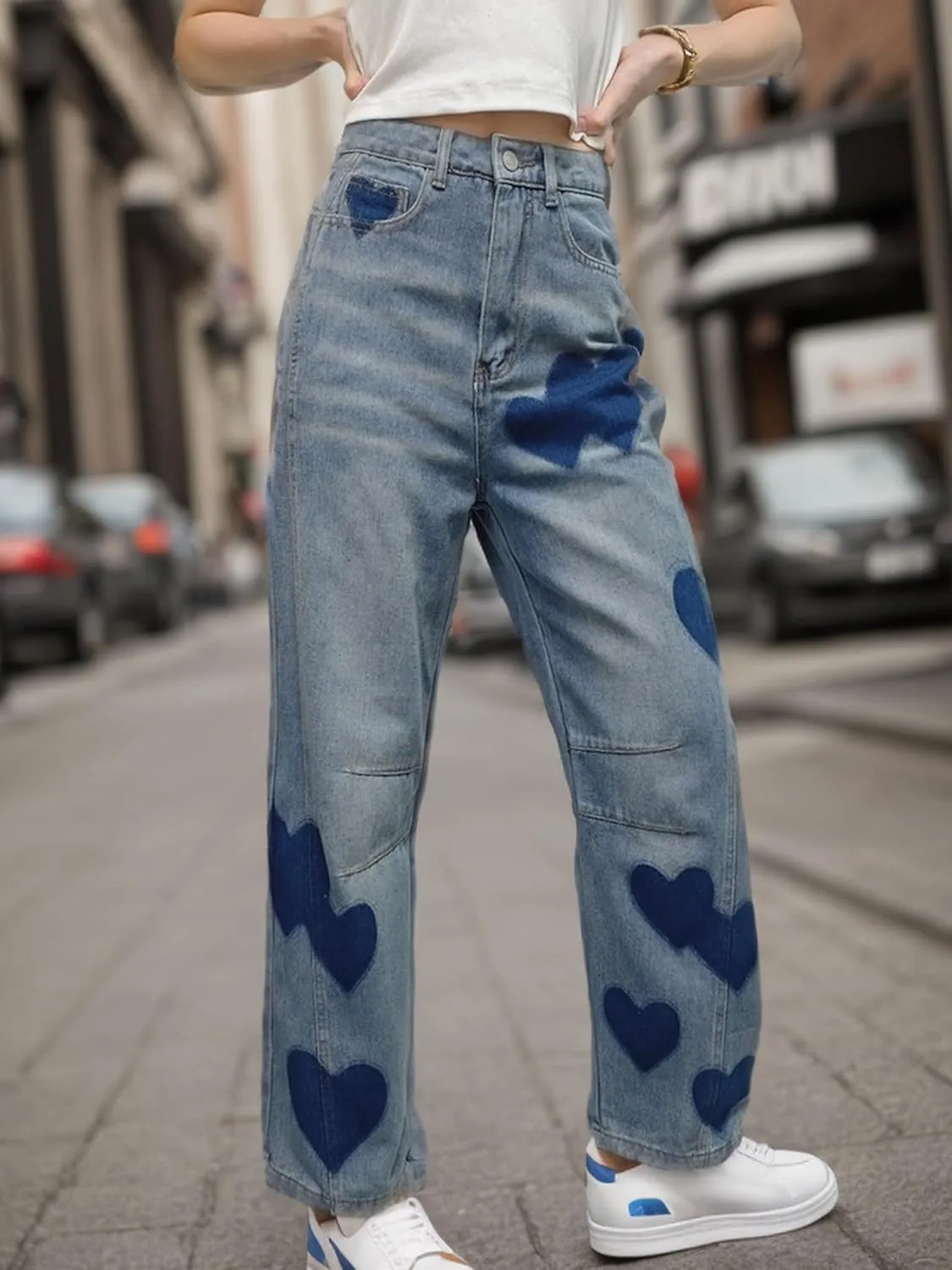 Baggy Jeans for Women Teen Girls High Waist Straight Ankle Leg Heart Print Y2K Boyfriend Jeans Trendy Loose 90s Mom Jeans