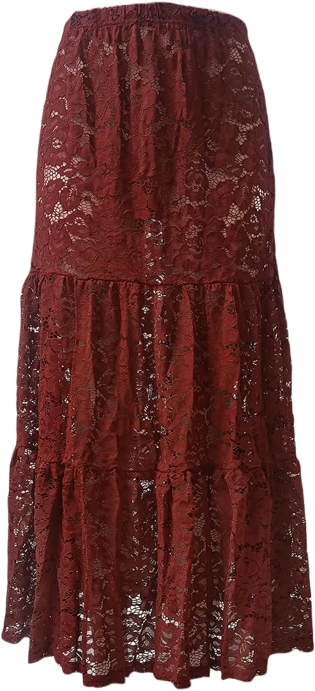 BOLLEY JOSS Women Floral Lace Long Skirt Sexy See Through Sheer Maxi Skirt Flowy Tiered A-line Boho Beach Coverup Skirts