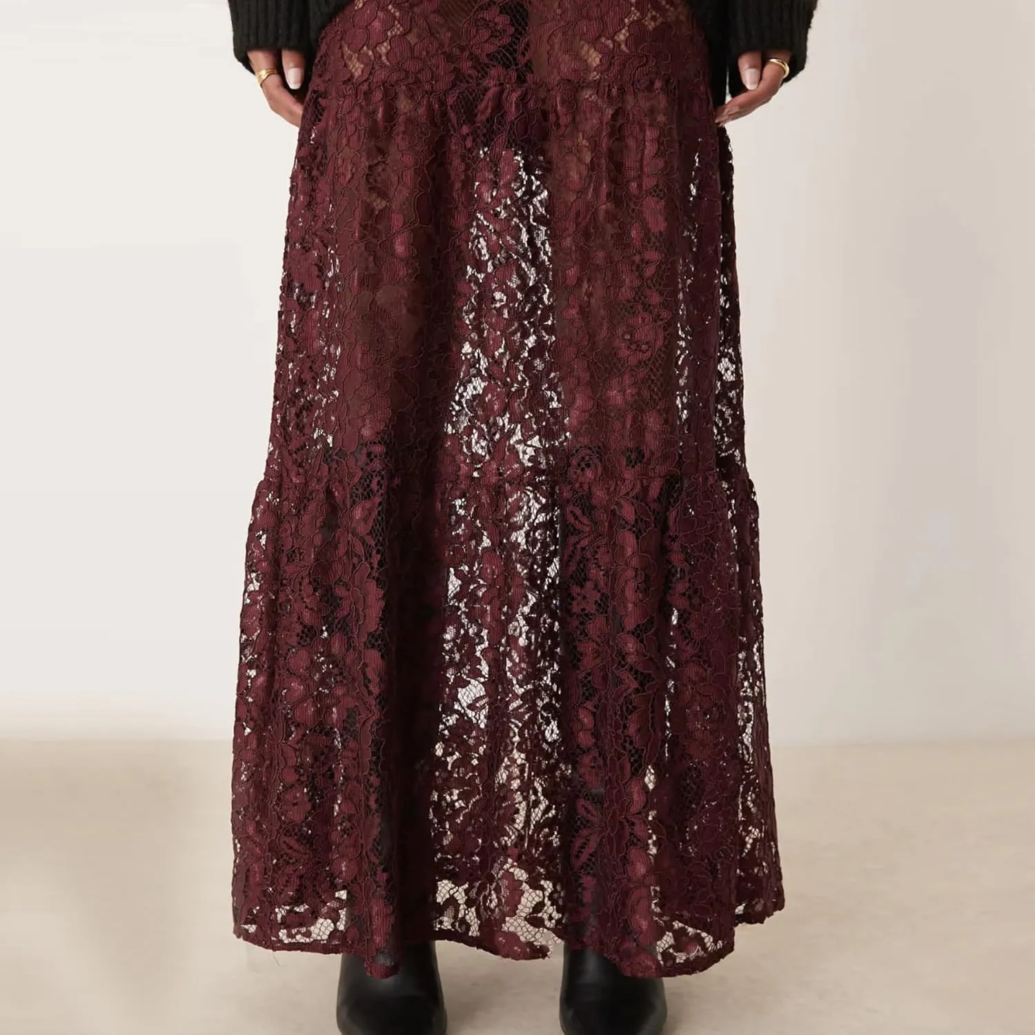 BOLLEY JOSS Women Floral Lace Long Skirt Sexy See Through Sheer Maxi Skirt Flowy Tiered A-line Boho Beach Coverup Skirts