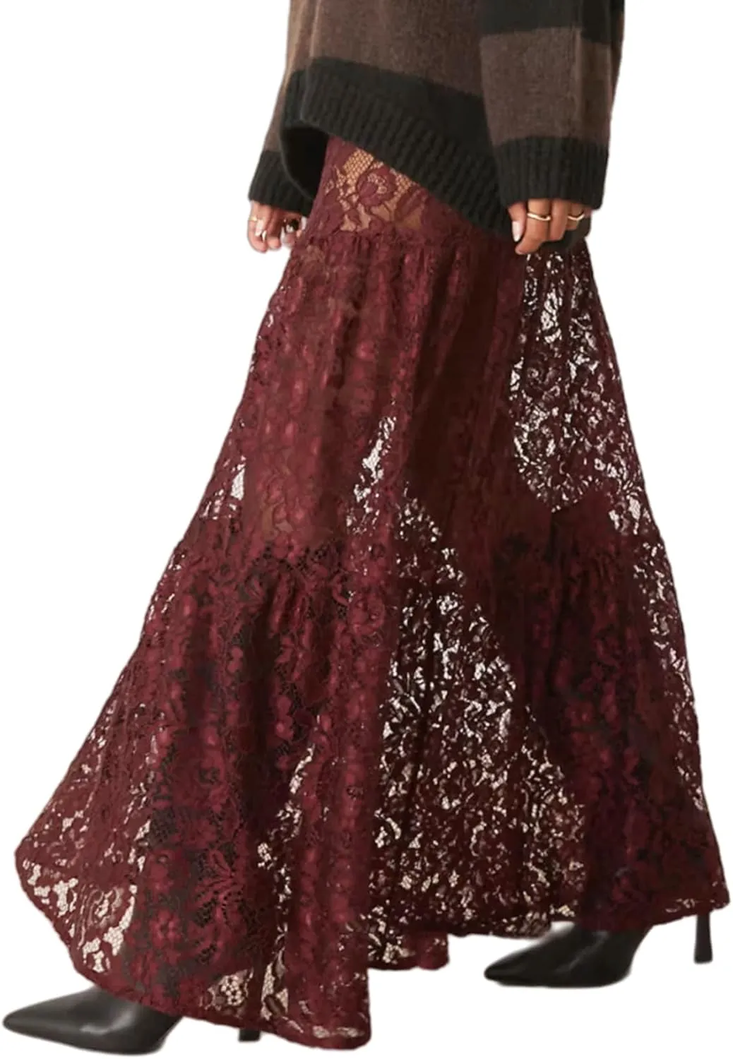 BOLLEY JOSS Women Floral Lace Long Skirt Sexy See Through Sheer Maxi Skirt Flowy Tiered A-line Boho Beach Coverup Skirts