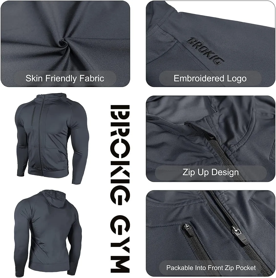 BROKIG Mens WindBreak Lightweight Running Jackets with Zip Pocket, Workout Track Hoodie Athletic Gym Sweatshirts Men