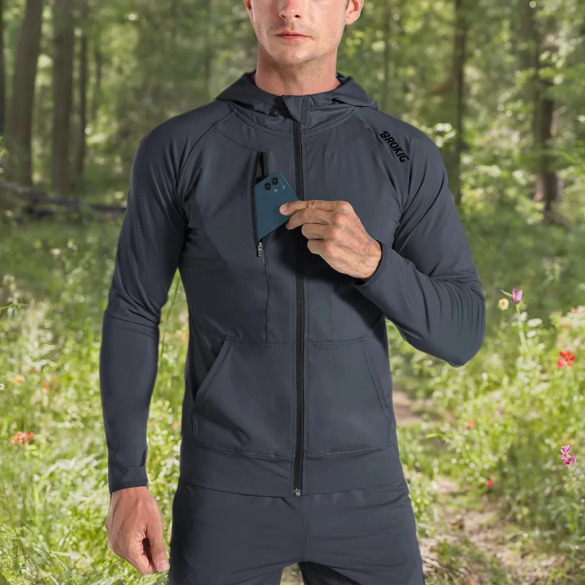 BROKIG Mens WindBreak Lightweight Running Jackets with Zip Pocket, Workout Track Hoodie Athletic Gym Sweatshirts Men