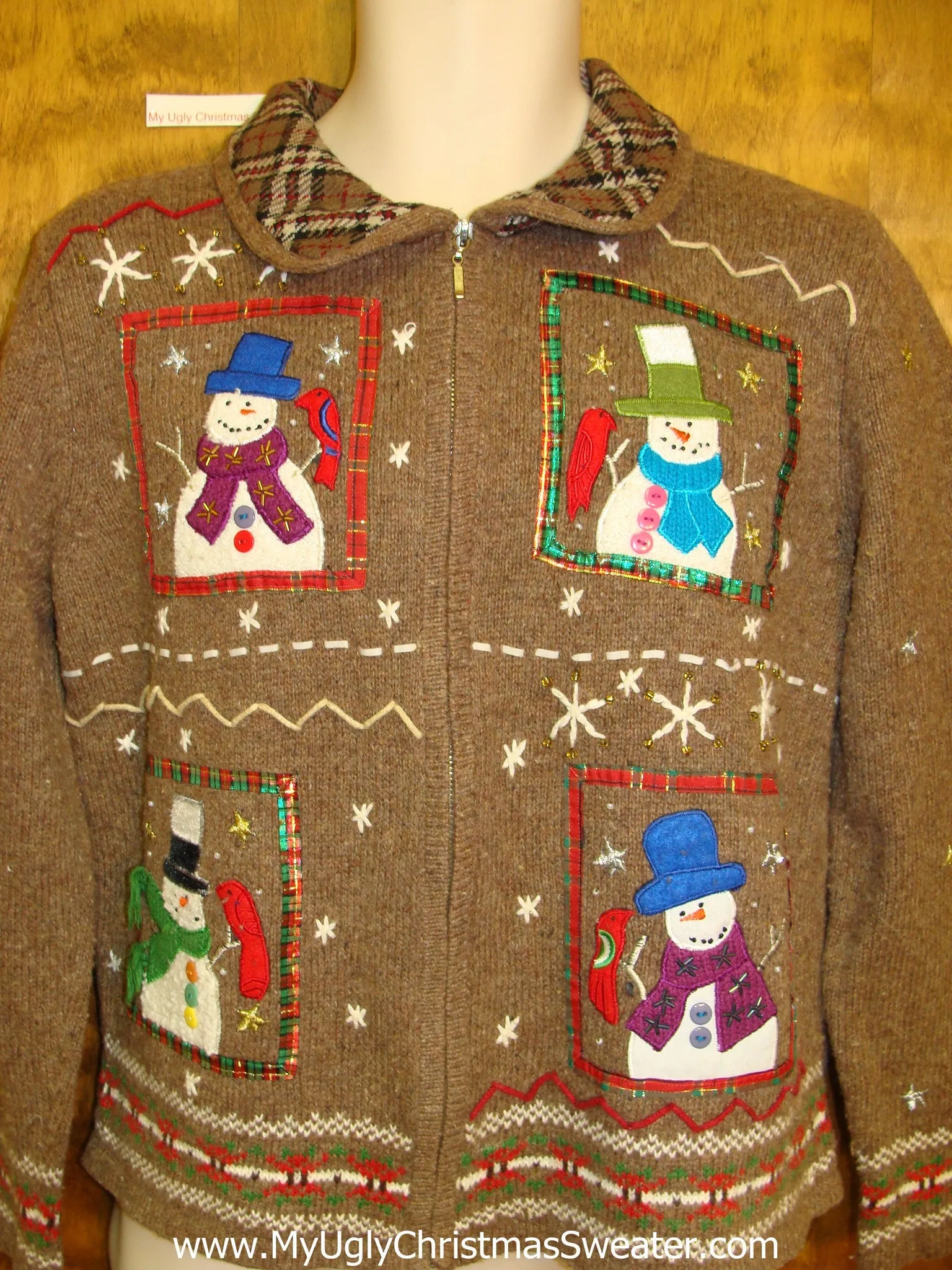 Brown Ugly Festive Xmas Sweater with Four Crafty Snowmen