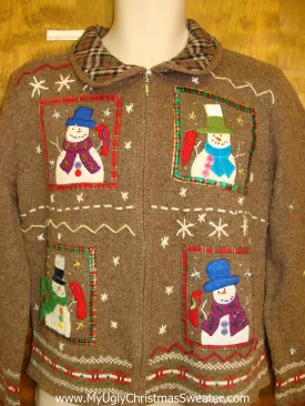 Brown Ugly Festive Xmas Sweater with Four Crafty Snowmen