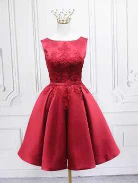 Burgundy Satin Lace Short Prom Dress A-Line Homecoming Dress