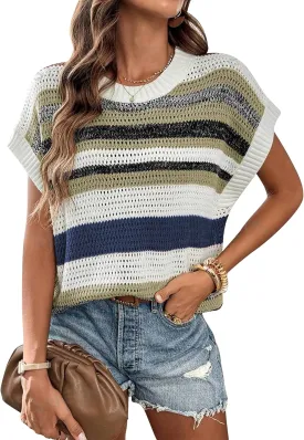 Cakulo Womens Summer Cap Sleeve Tops Striped Color Block Sweater Vest Sleeveless Knit Pullover Tank Top