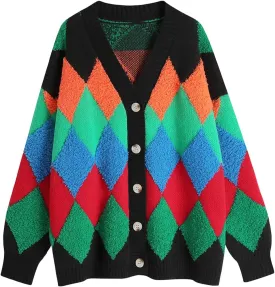 Ckikiou Fall Winter Oversized Long Sleeve Button Color Block Down Chunky Knitted Cardigan Sweater Top for Women