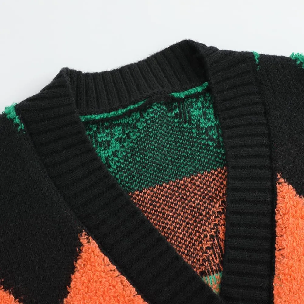 Ckikiou Fall Winter Oversized Long Sleeve Button Color Block Down Chunky Knitted Cardigan Sweater Top for Women