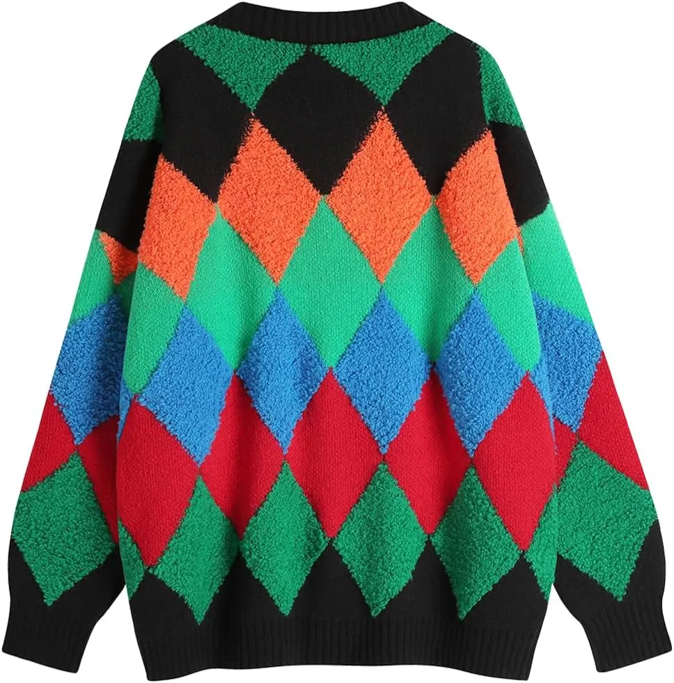 Ckikiou Fall Winter Oversized Long Sleeve Button Color Block Down Chunky Knitted Cardigan Sweater Top for Women