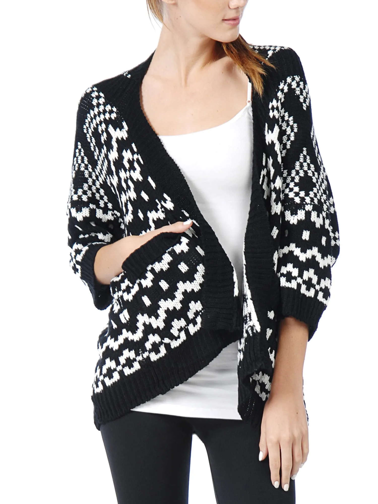 [Clearance] Women 3/4 Sleeve Knitted Geometric Pattern Shawl Open Drape Cardian Sweater