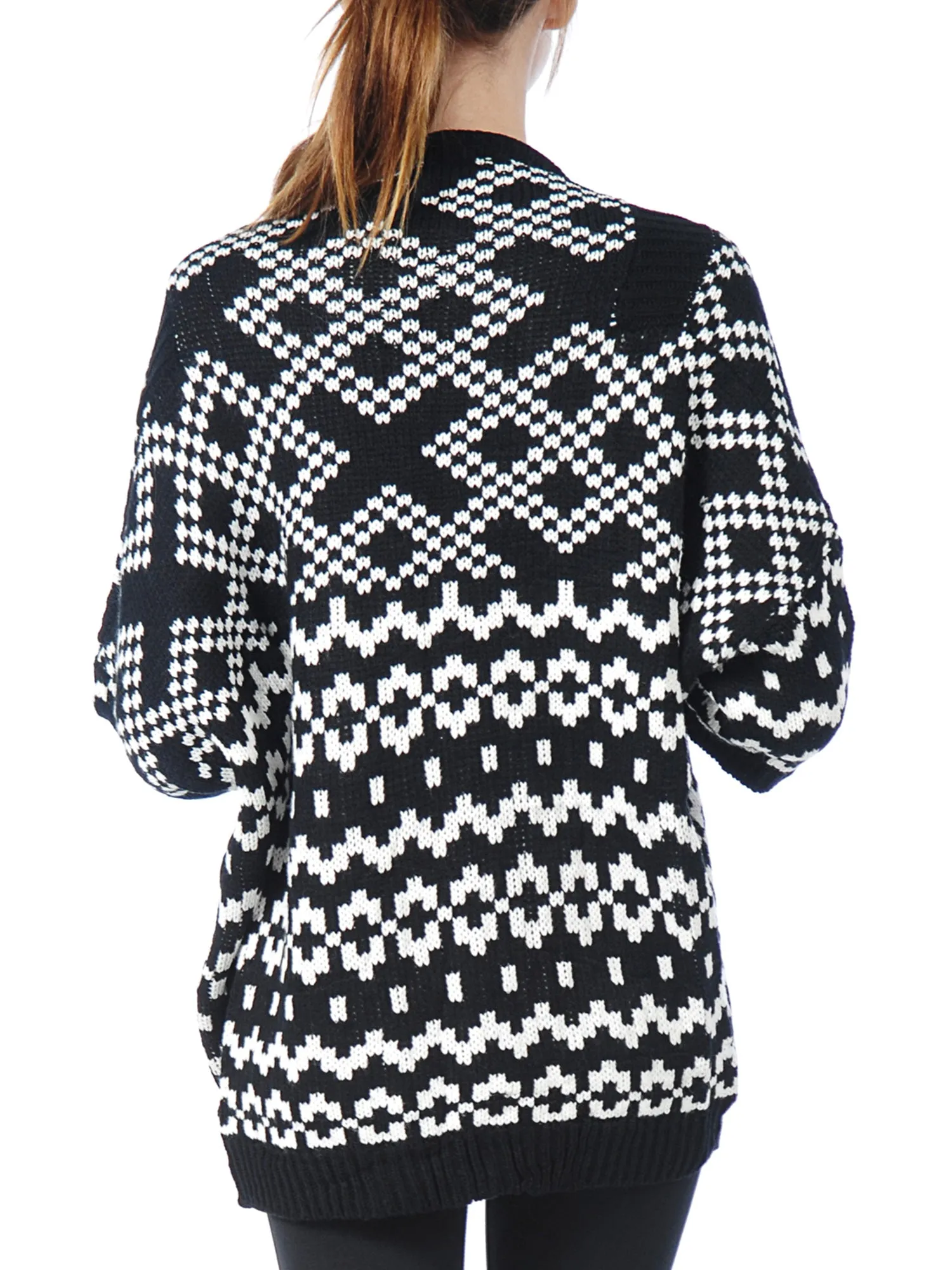 [Clearance] Women 3/4 Sleeve Knitted Geometric Pattern Shawl Open Drape Cardian Sweater