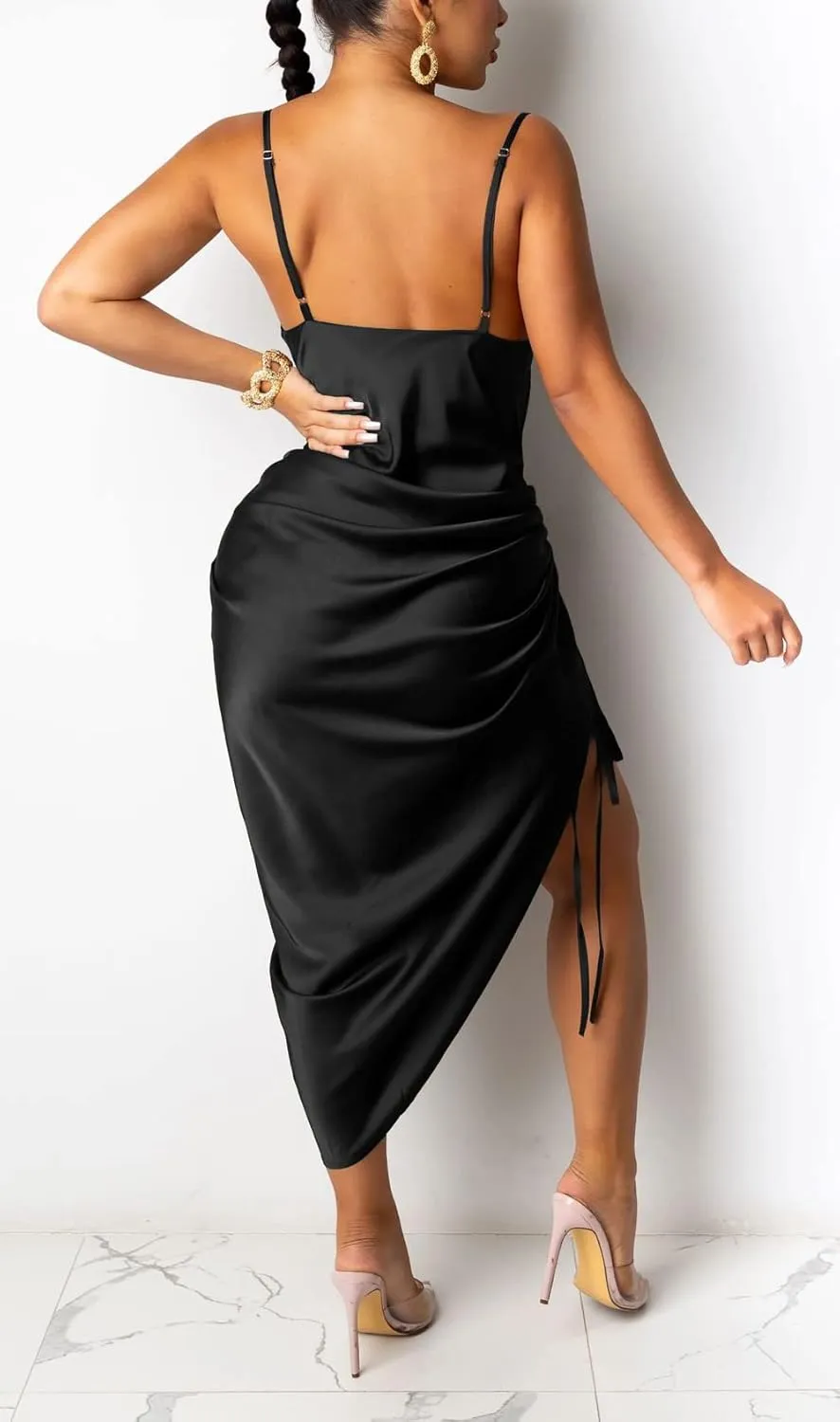 Club Dress Sexy Dress for Women Wedding Party Birthday Cocktail Spaghetti Strap Satin Side Ruched Midi Mini Dress