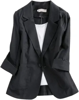 Cotton Linen Blazer for Womens Casual 3/4 Sleeve Open Front Linen Jackets