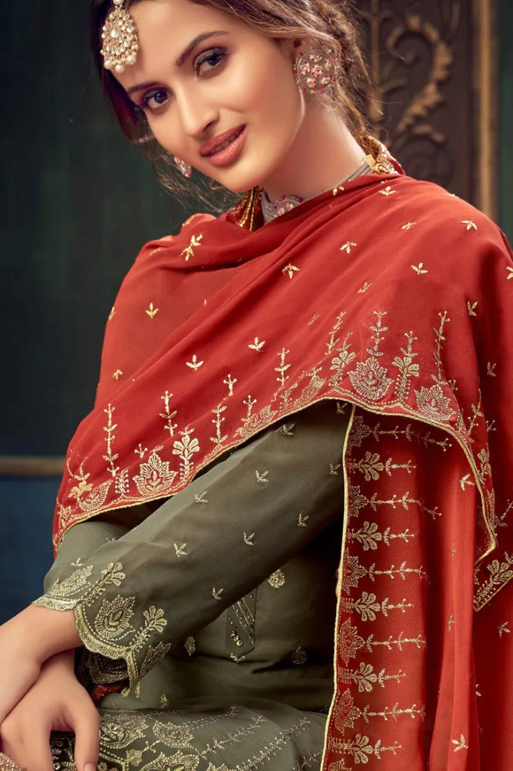 Crocodile Green Faux Georgette Pakistani Sharara Suit