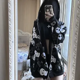 Dark Skull Cardigan Oversized Zipper Hoodie Thin Style