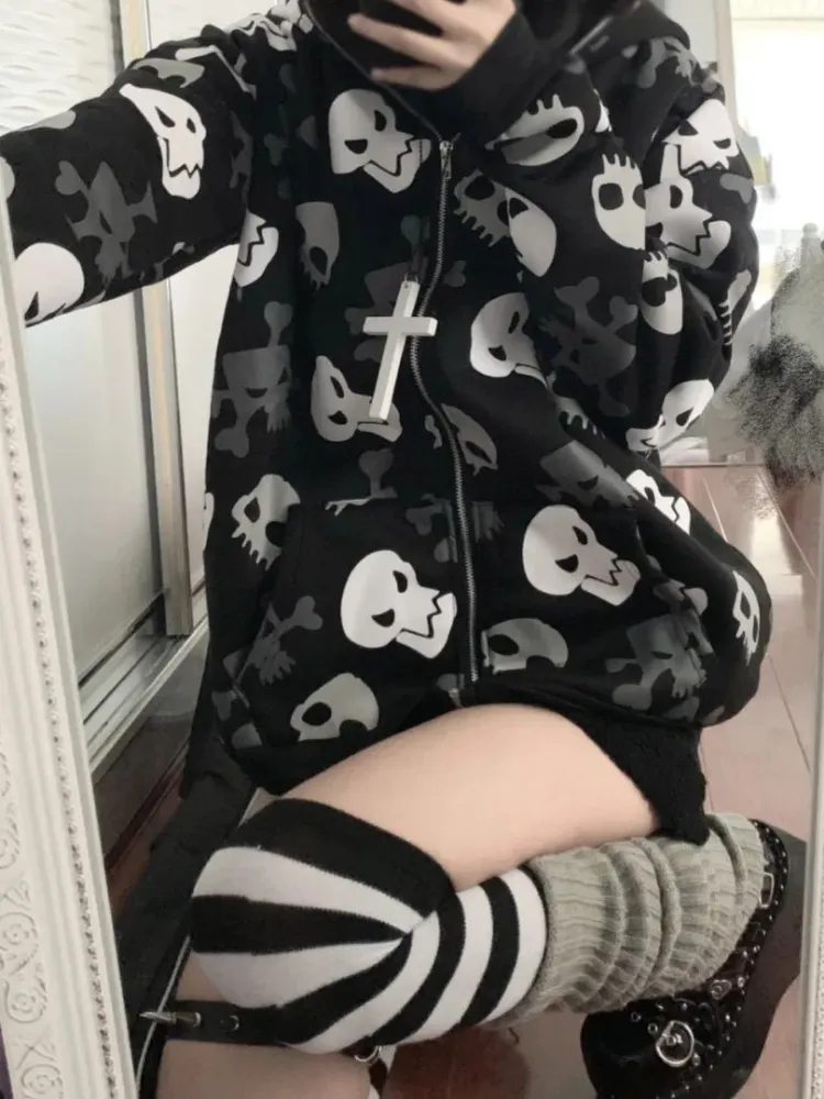 Dark Skull Cardigan Oversized Zipper Hoodie Thin Style