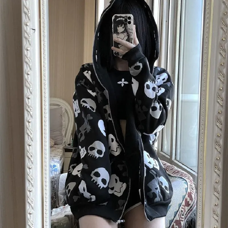 Dark Skull Cardigan Oversized Zipper Hoodie Thin Style