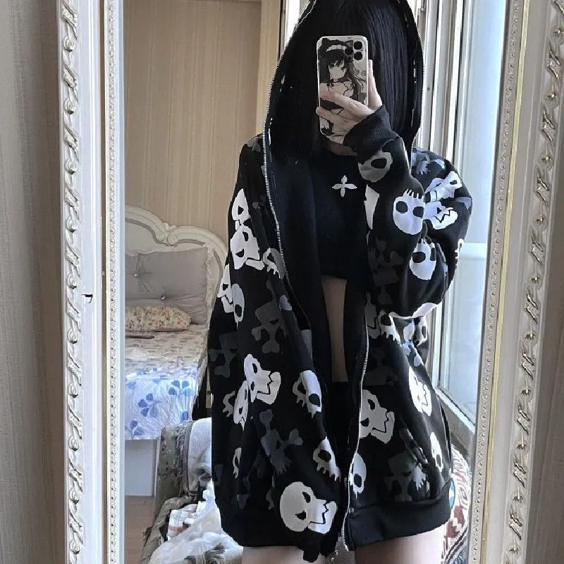 Dark Skull Cardigan Oversized Zipper Hoodie Thin Style