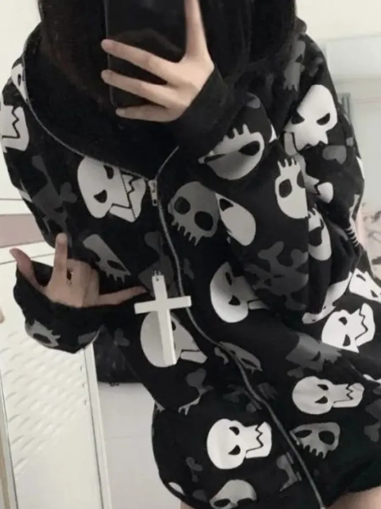 Dark Skull Cardigan Oversized Zipper Hoodie Thin Style