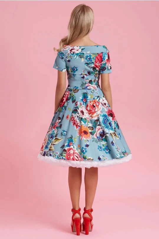 Darlene Authentic Vintage-Inspired Swing Dress in Blue Floral by Dolly and Dotty
