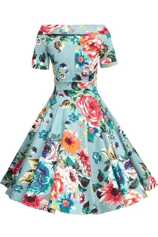 Darlene Authentic Vintage-Inspired Swing Dress in Blue Floral by Dolly and Dotty