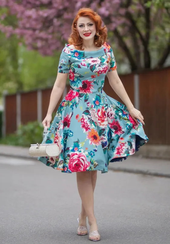 Darlene Authentic Vintage-Inspired Swing Dress in Blue Floral by Dolly and Dotty