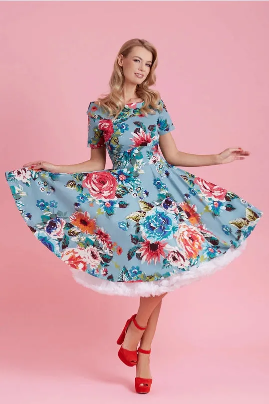 Darlene Authentic Vintage-Inspired Swing Dress in Blue Floral by Dolly and Dotty