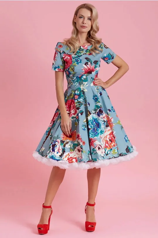 Darlene Authentic Vintage-Inspired Swing Dress in Blue Floral by Dolly and Dotty