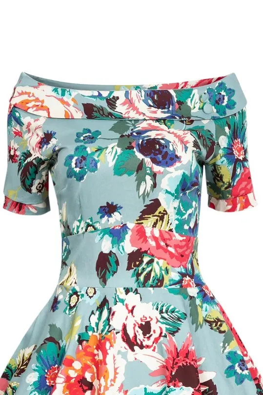 Darlene Authentic Vintage-Inspired Swing Dress in Blue Floral by Dolly and Dotty