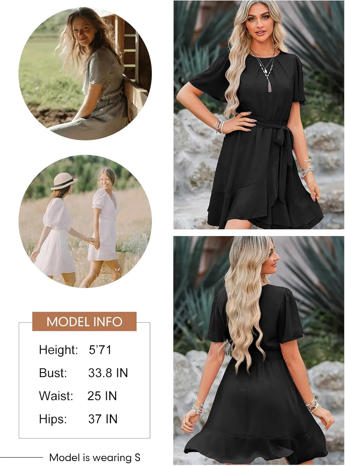 Dokotoo Womens Summer Dresses 2025 Crewneck Short Sleeve Waist Tie Ruffle Casual Chiffon A-Line Swing Mini Dress