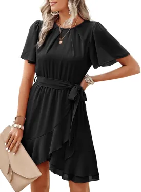 Dokotoo Womens Summer Dresses 2025 Crewneck Short Sleeve Waist Tie Ruffle Casual Chiffon A-Line Swing Mini Dress