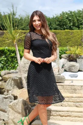 Double Second Black Fit And Flare Guipure Lace Dress