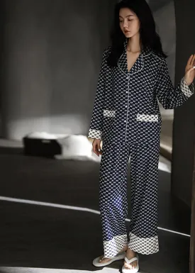 Elegant Peter Pan Collar Dot Button Ice Silk Pajamas Two Pieces Set Long Sleeve LY2819