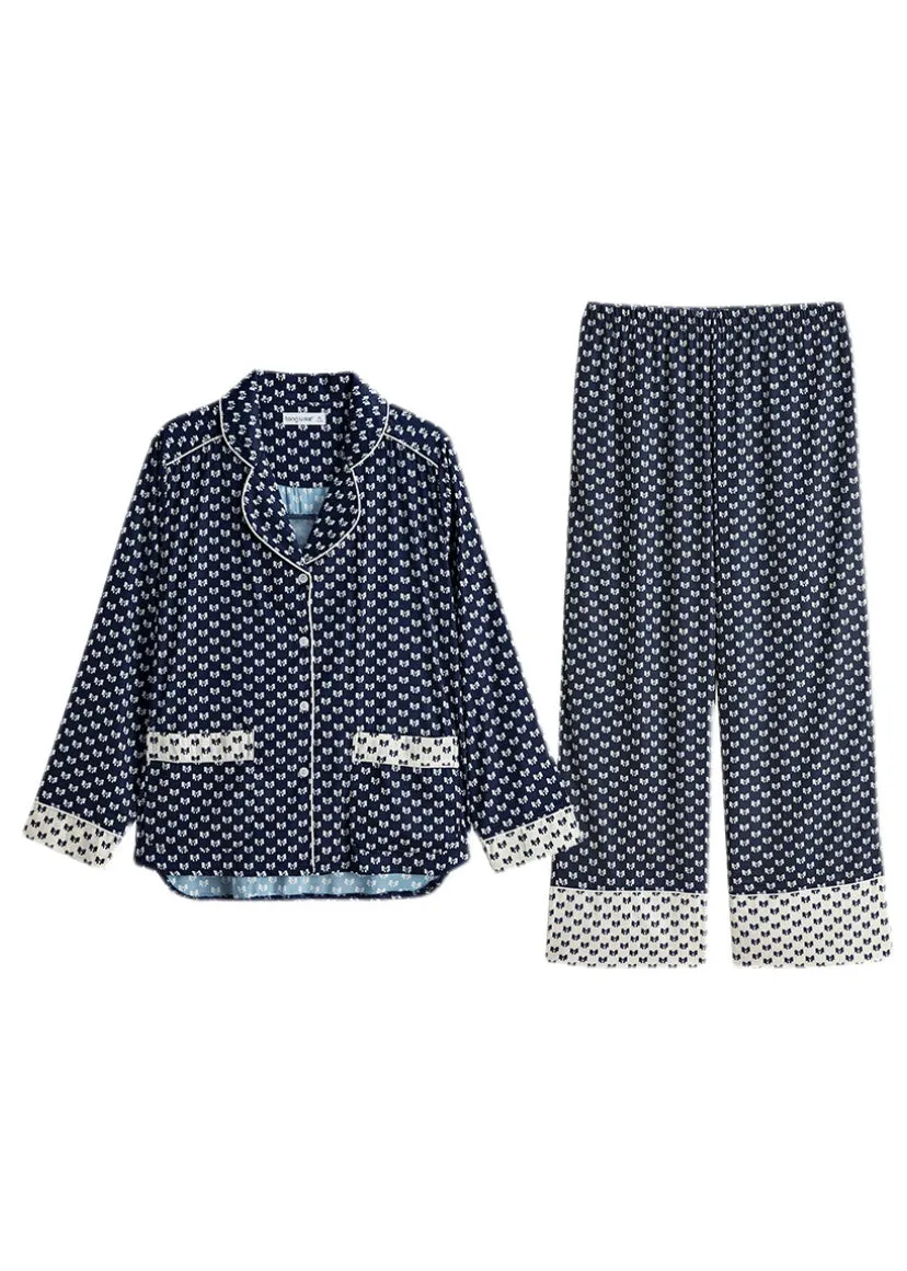 Elegant Peter Pan Collar Dot Button Ice Silk Pajamas Two Pieces Set Long Sleeve LY2819