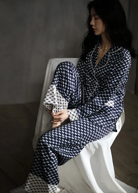 Elegant Peter Pan Collar Dot Button Ice Silk Pajamas Two Pieces Set Long Sleeve LY2819